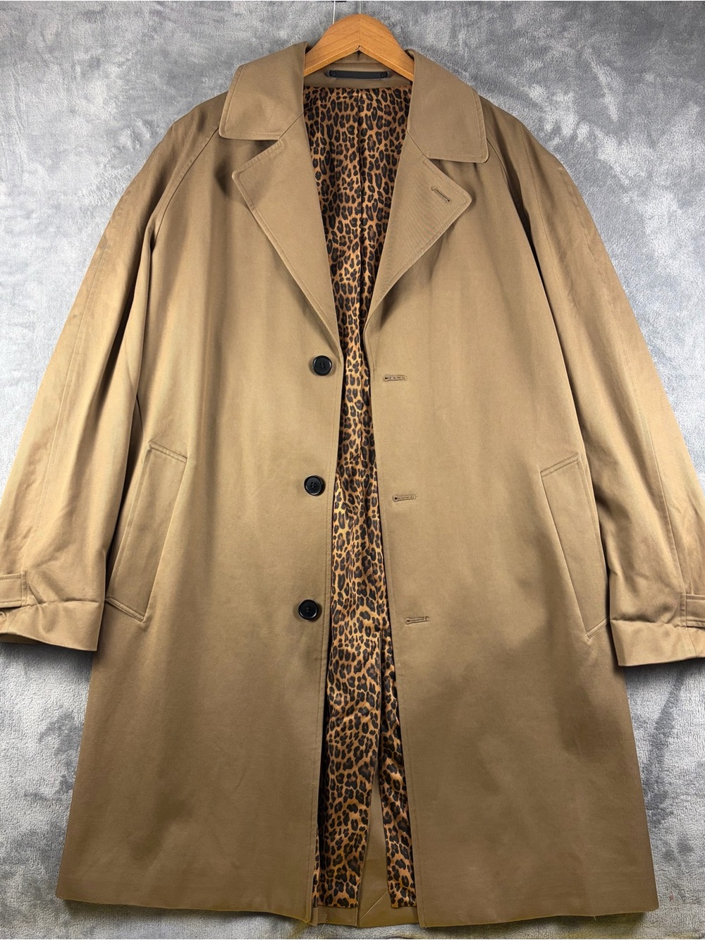 All Saints Camel Trench Coat with Leopard-Print Lining